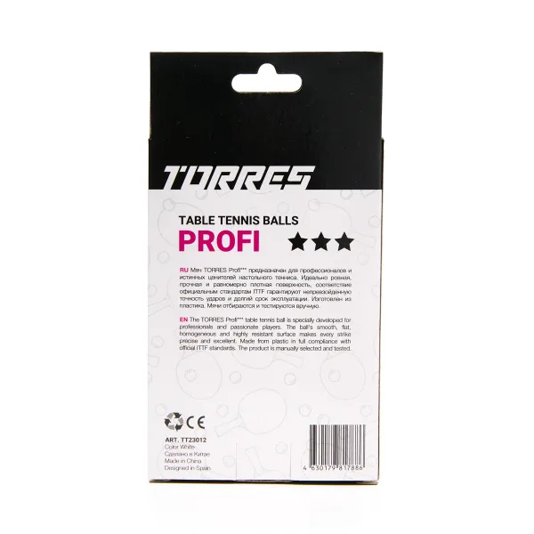 Мяч для наст. тенниса TORRES Profi 3*, TT23012, диам. 40+мм, упак. 6 шт, белый за 338.30 ₽ в Якутске